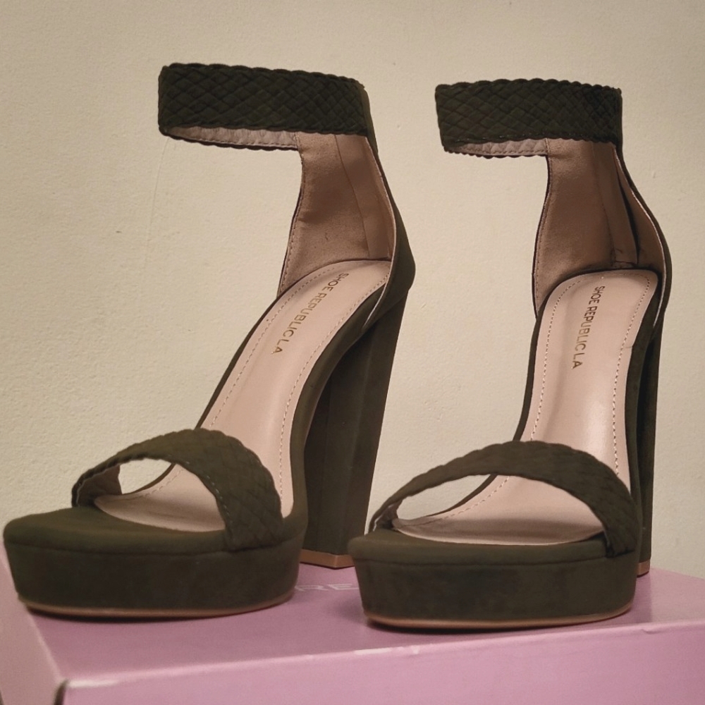 Olive green faux suede heel sandal